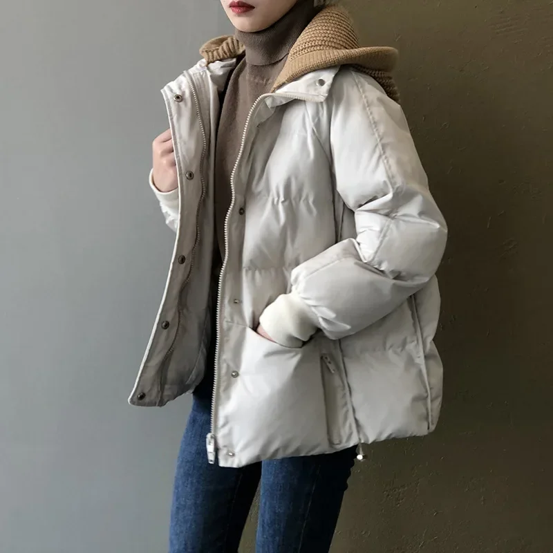 

2023 Winter Knitted Hooded Short Jacket Coat Thicken Warm Version Thick Bread Parka Woman Office Lady Loose Warm Coats Jackets