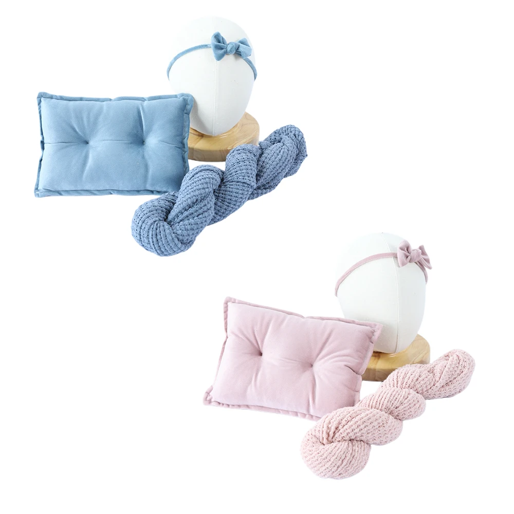 3 PCS Set Baby Pillow Newborn Photography Props Posing Velvet Poses Cushion Soft Wraps Headband Photography Shooting Accessories