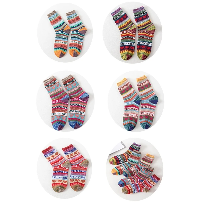 

5 Pairs Women Winter Warm Faux Wool Knit Socks Ethnic Multicolored Love Heart Geometry Striped Pattern Thermal 449B