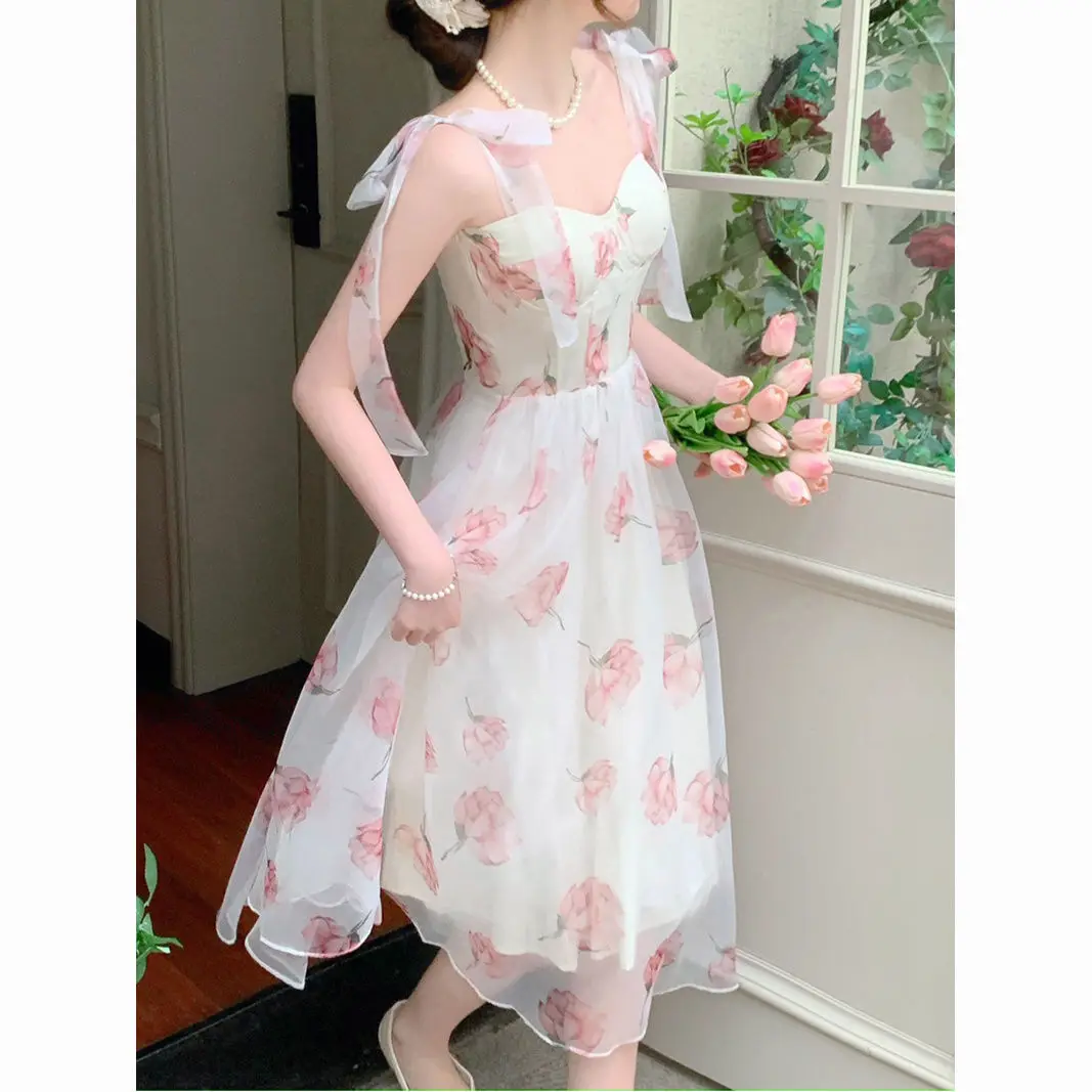 

Summer 2023 French Elegant Strapless Dress Women Floral Party Beach Vintage Dresses Office Lady Fairy Lolita Sweet Midi Dress