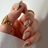 24Pcs Golden French Fake Nail with Almond Head Design Simple Oval False Nails Wearable Press on Nails Full Cover Nail Tips 4