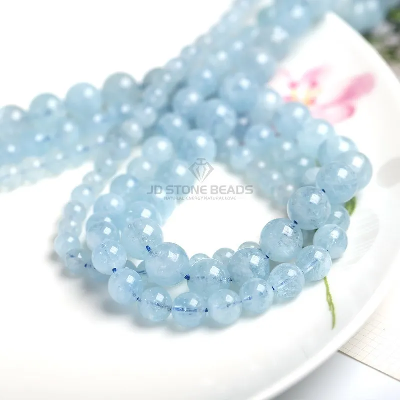 Loose Beads Natural Blue Aquamarine Stone Round Loose Spacer Smooth Beads for Jewelry Making 4 6 8 10mm DIY Accessories Loose Spacer Beads Loose Gemstone Beads