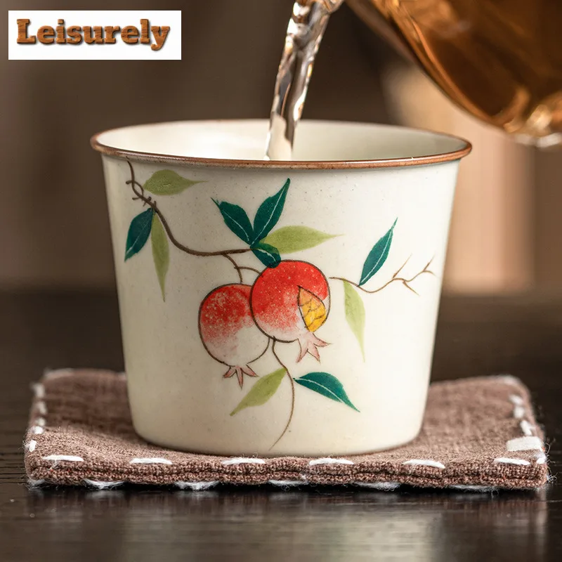 100ml Retro Cream Ru Kiln Ceramic Teacup Hand-painted Pomegranate Straight Mouth Cup Female Master Single Cup Kung Fu Tea Bowl