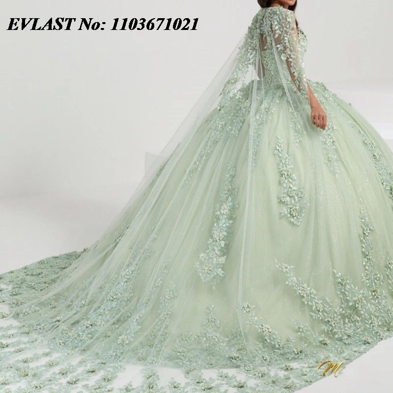 EVLAST Sage Green Quinceanera Dress Ball Gown Lace Applique Beading With Cape Long Sleeve Sweet 16 Vestidos De XV 15 Anos SQ38