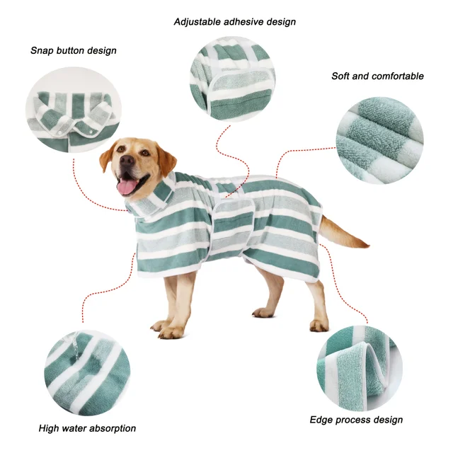 Super Absorbent Quick-Dry Dog Bathrobe,  Soft Striped Towel Robe for Pets with Adjustable Belly Strap cat pet bath large bath to 3