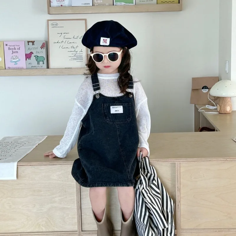 2024 Girls Spring Autumn One Piece Large Pocket Denim Strap Skirt Losoe Soft Fashion All-match Outdoor Sweet Lovely