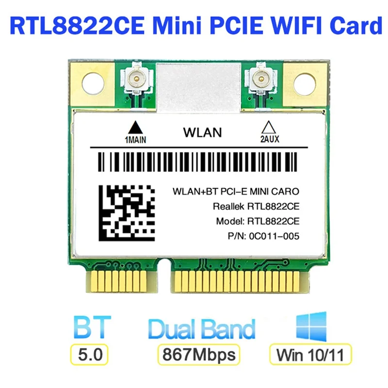 WiFi card network RTL8822CE 1200Mbps 2.4G/5Ghz 802.11AC Mini PCIe Bluetooth 5.0 Support Laptop/PC Windows 10/11