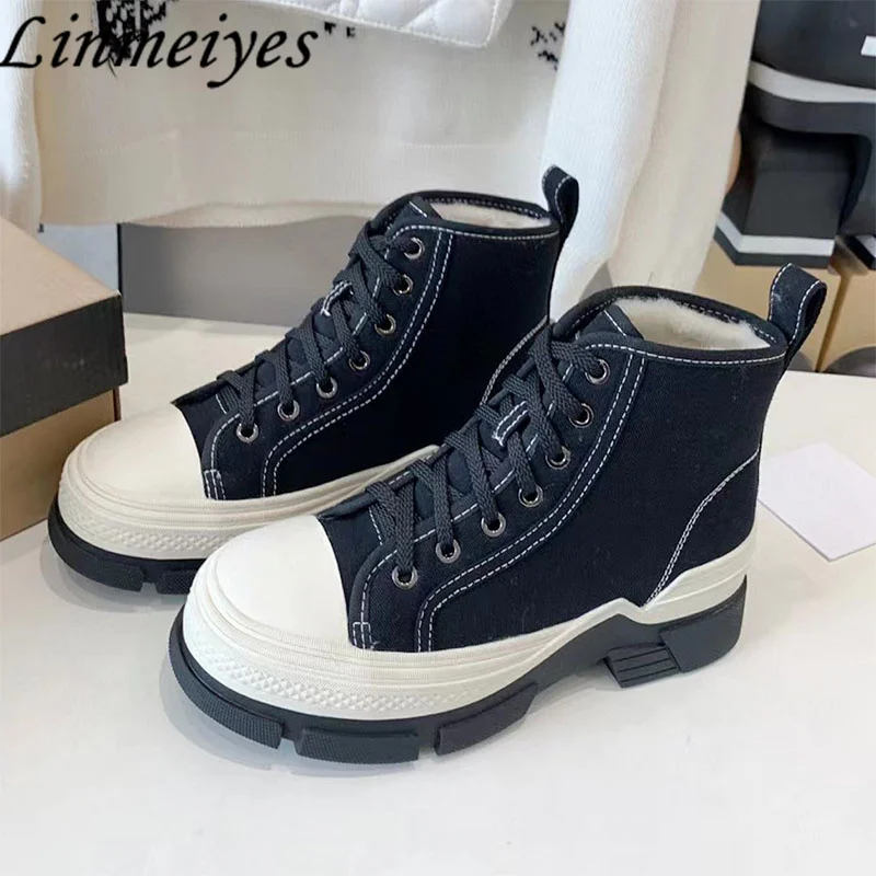 

Winter Thick Sole Short Boots Women Round Toe Lace-up Inside Wool Warm Motorcycle Boots Denim Comfort Leisure Ankle Boots Woman