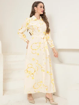 Elegant Long Shirt-Sleeve Dress with Chain Print Design, Belt & Pocket - Sophisticated Collared Neck, Button Details 3