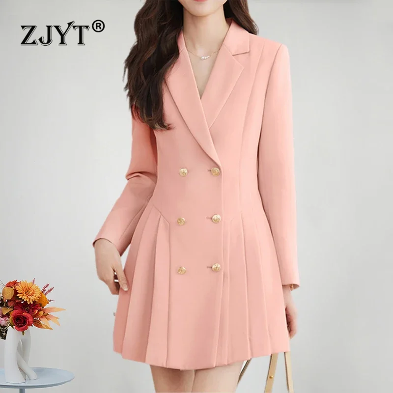 

ZJYT Long Sleeve Pleated Blazer Dresses for Women Elegant Double Breasted Office Lady Dress Spring Work Wear Plus Size Clothing