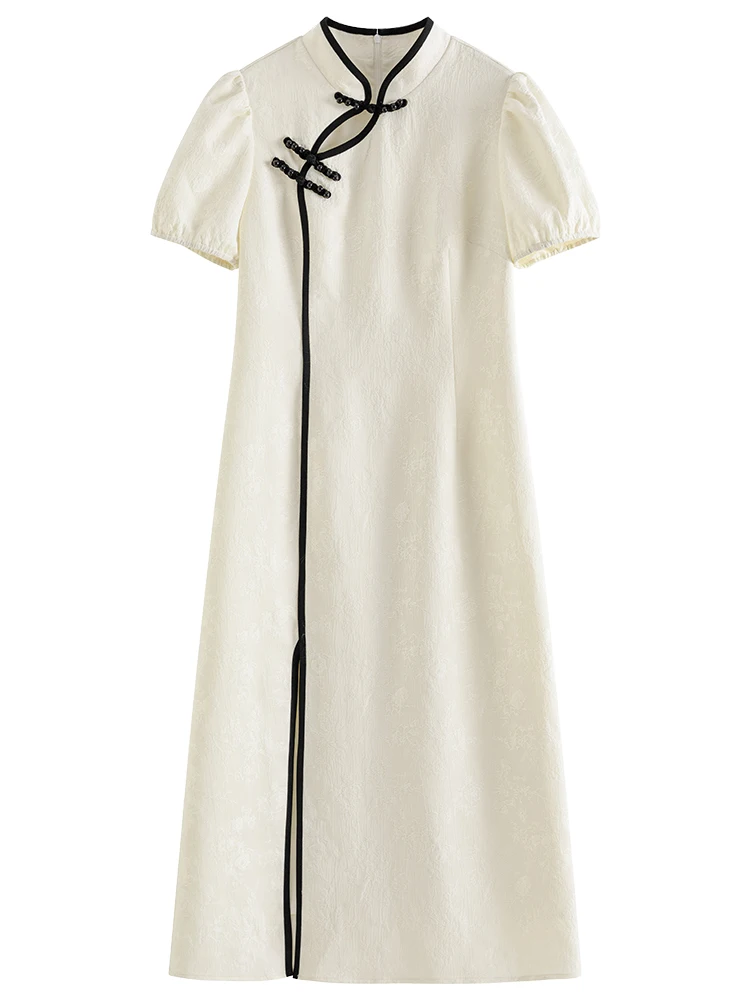 FSLE New Chinese Style Women Sexy Spilt Design Long Beige Dresses Puff Sleeve Cheongsam Dress Patchwork Design Summmer Dress