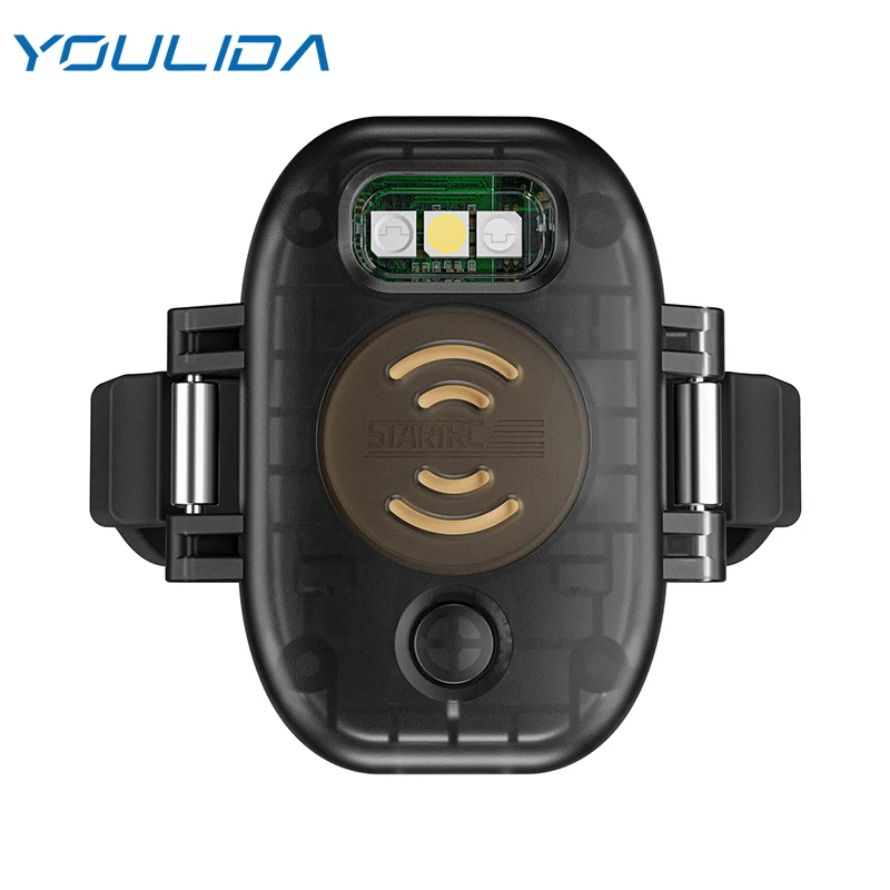 Vue de face de l'alarme stroboscopique pour drone avec son 120dB, montrant le haut-parleur et les LED lumineuses.