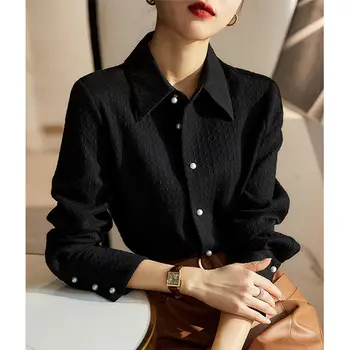 패션 라펠 단색 버튼 올 매치 셔츠, 여성 의류, 2022 가을, 캐주얼 상의, 루즈 오피스 레이디 블라우스, 신상