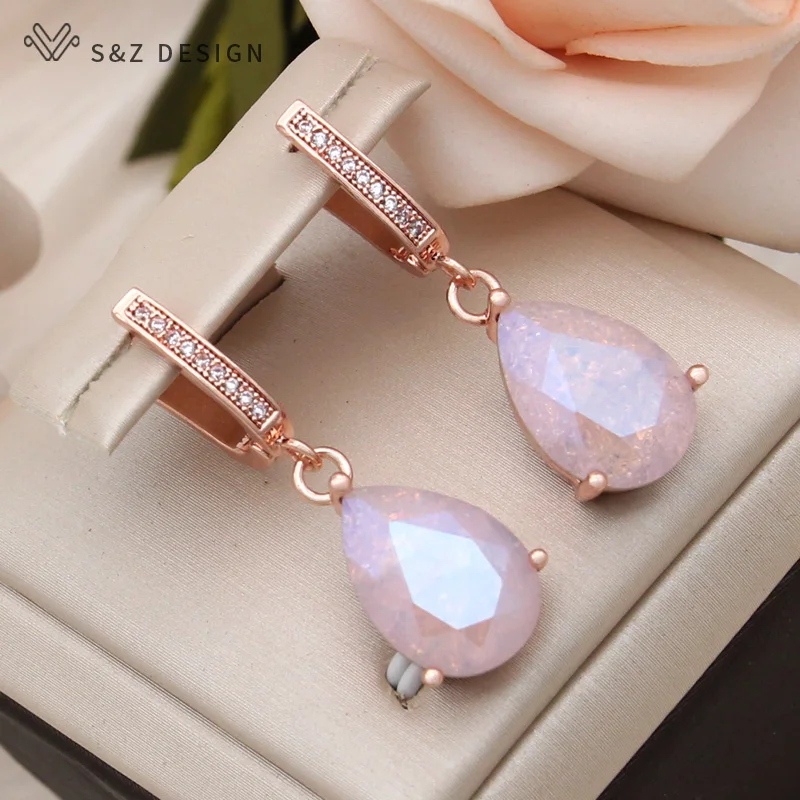 S&Z DESIGN New Fashion Water Drop Ice Crack Crystal Dangle Earrings For Women Wedding 585 Rose Gold Color Cubic Zirconia Jewelry