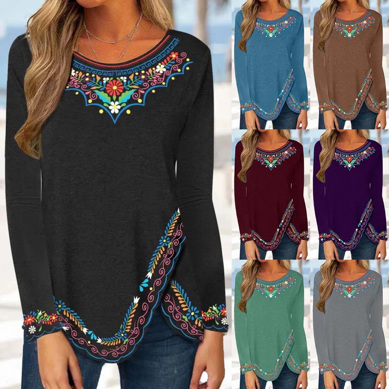 

Ethnic style printed large long-sleeved T-shirt retro women's bottom shirt y2k top aesthetic clothes t-shirts vintage clothes