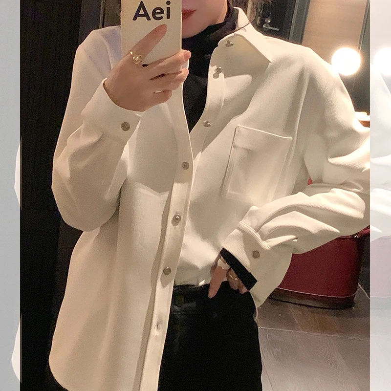 

French Style Brushed Thickened White Shirt Women's Spring and Autumn Long Sleeve High Sense Niche Chic Retro Hong Kong Style Ban