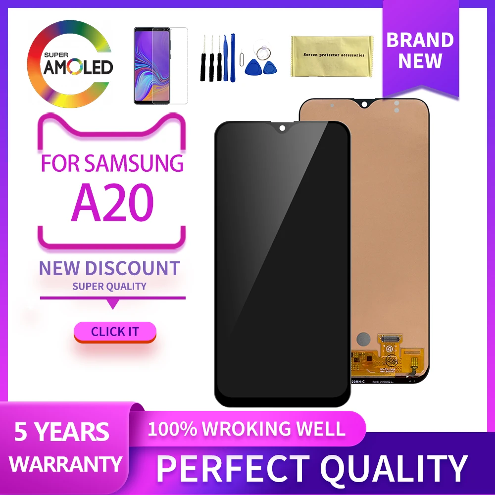 

Super Amoled Display for Samsung A20 LCD with Touch Screen Digitizer for Galaxy A205 SM-A205F A205G A205FN Assembly Replacement