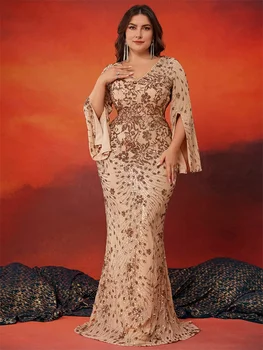 فساتين سهرة ذهبية فاخرة مقاس كبير للنساء 2024 بأكمام طويلة حورية البحر ترتر رسمي للحفلات الراقصة وحفلات الزفاف وحفلات الكوكتيل 4