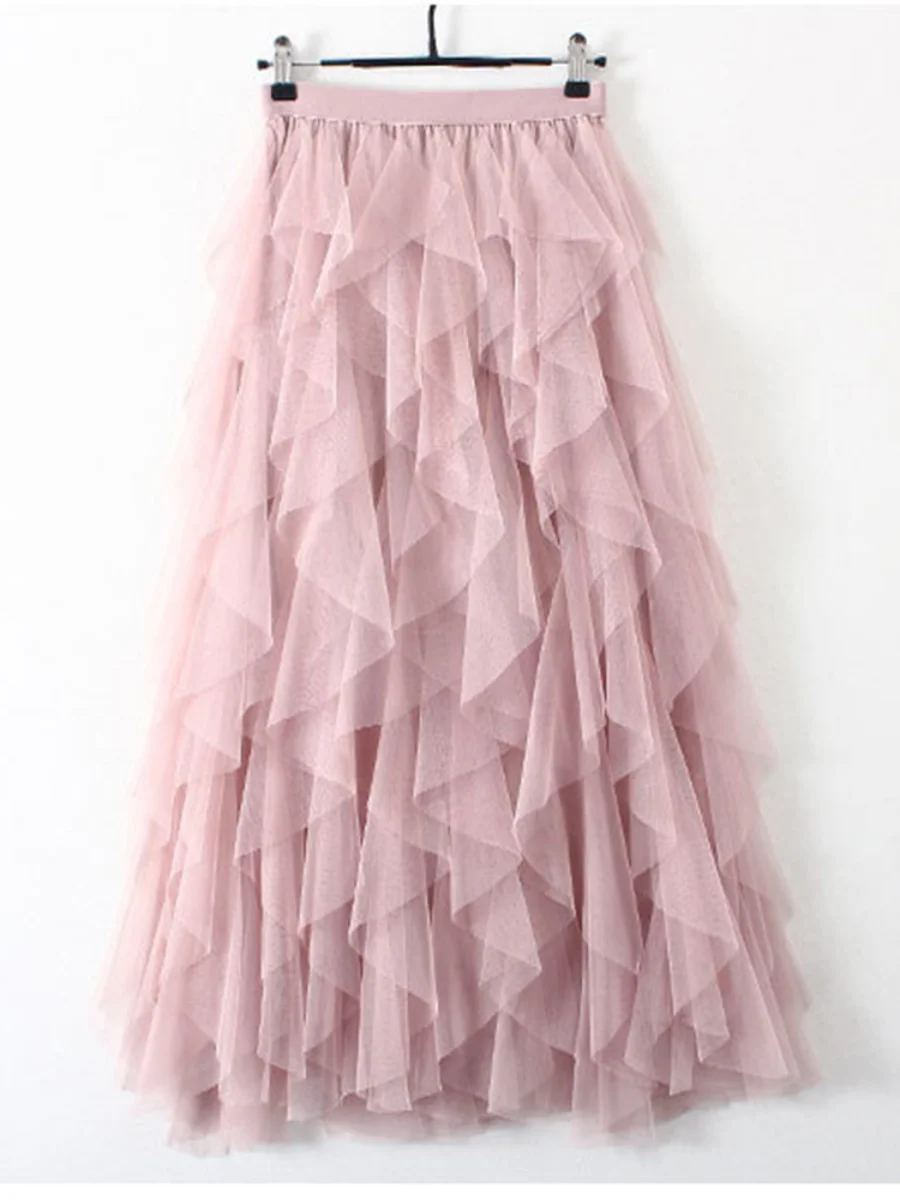 

Long Tulle Skirt Women Fashion 2023 Spring Summer High Waist Pleated Maxi Skirt Female Solid School Skirt Sun