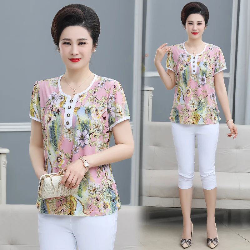 Elegant Female Blouses Summer 2023 Casual Middle-aged Woman Tops Short Sleeve Floral Shirt with Print