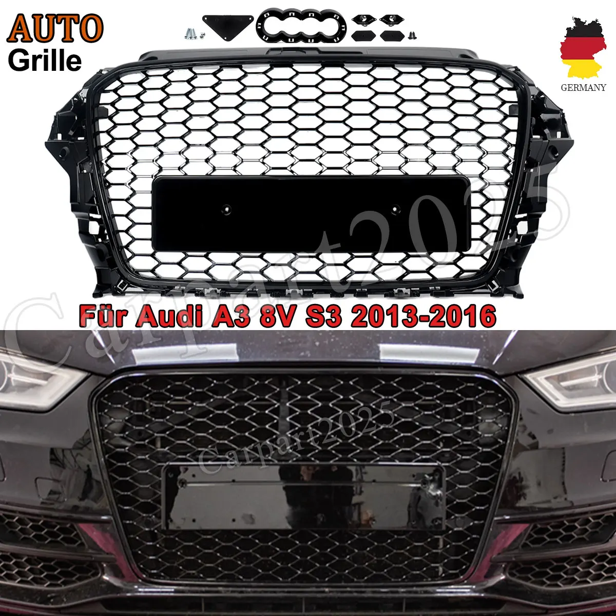 Gloss Black Front Bumper Grille Compatible with Audi A3 8V S3 2013-2016 RS Style Honeycomb Front Radiator Air Intake Mesh Grills