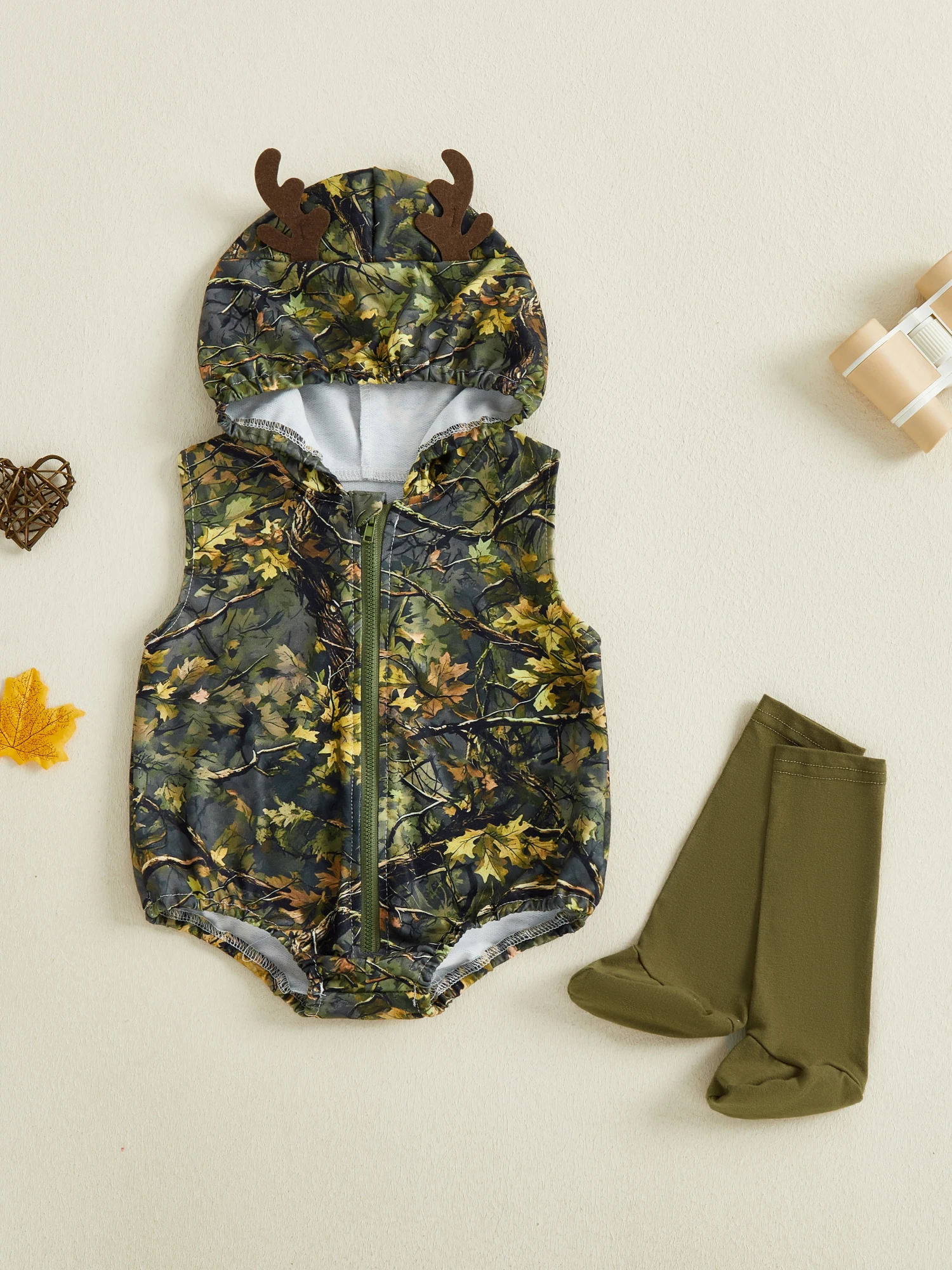 Infant Boy Romper Outfit Sleeveless Hooded Tropical Print Jumpsuit with Matching Socks for Everyday Wear