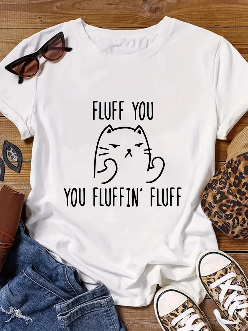 Plus Size T-Shirt - Women's Casual Tee With Cat Print | Crew Neck, Short Sleeve