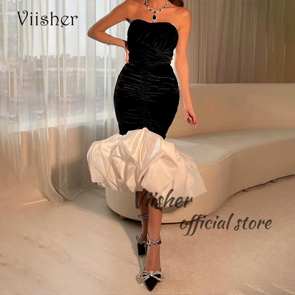 

Viisher Black White Mermaid Evening Dresses Pleats Satin Sweetheart Arabic Prom Party Dress Tea Length Dubai Evening Gowns
