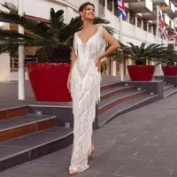 Sexy Lace Tassel Evening Dress Women White V Neck Long Prom Bohemian Party Dress Wedding 1