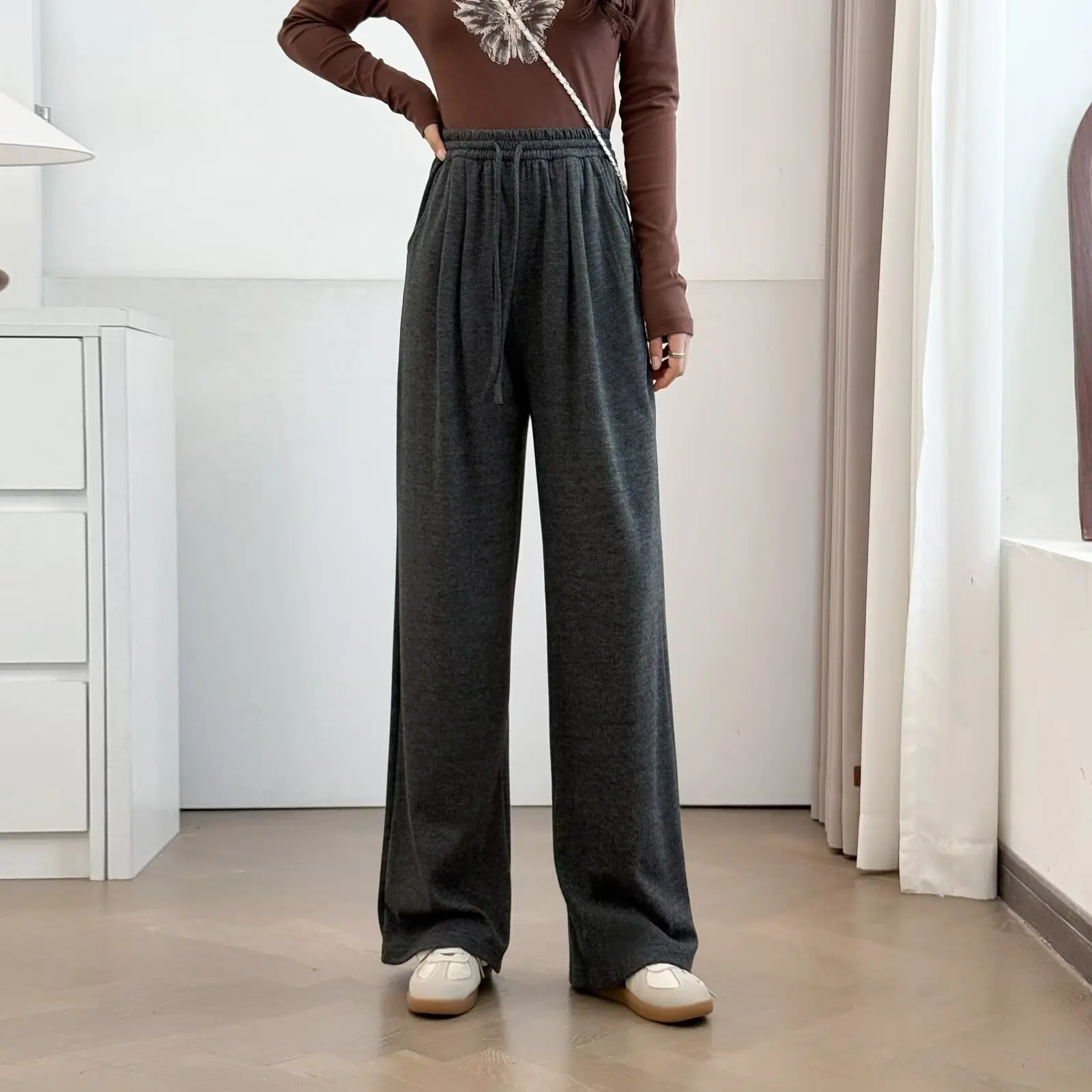 Plus Size Women's Straight Leg Pants 2025 Autumn New Style Simple Casual Drawstring Waist Full Length Trousers 8021