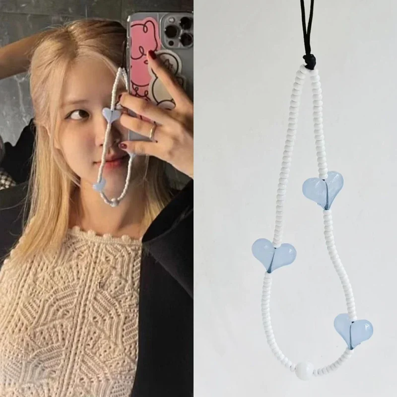 Korean Light Blue Heart Phone Charm Straps Acrylic Love Wristlet for