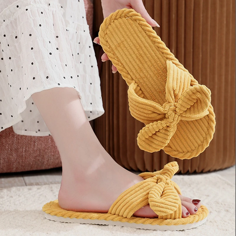 Sweet Bowknot Corduroy Women's Home Slippers Flat Heel Living Room Shoes Women Autumn Winter 2025 Open Toe Indoor Slippers Woman