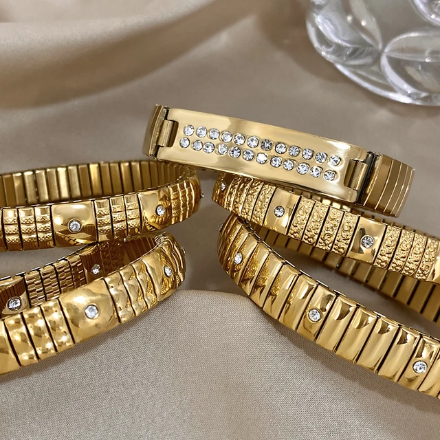 Gold Color Stainless Steel Elastic Bracelet Bangle for Women Rhinestones Wide Bracelet Classic Watch Chain Waterproof Jewelry 4