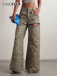 CHICEVER Vintage Leopard Hollow Out Denim Pants For Women High Waist Streetwear Patchwork Diamond Colorblock Loose Jeans Female