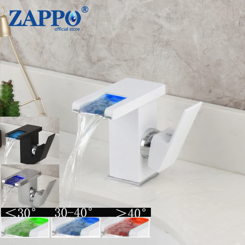 ZAPPO Bathroom Basin Faucet LED Waterfall Wash Sink Mixer White Tap Faucet Black Deck Mounted Hot Cold Water Mixer Basin Tap