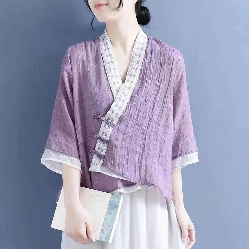 Women Chinese Shirt Linen Clothing Traditional Vintage Top Female Chinoiserie Summer Tang Suit