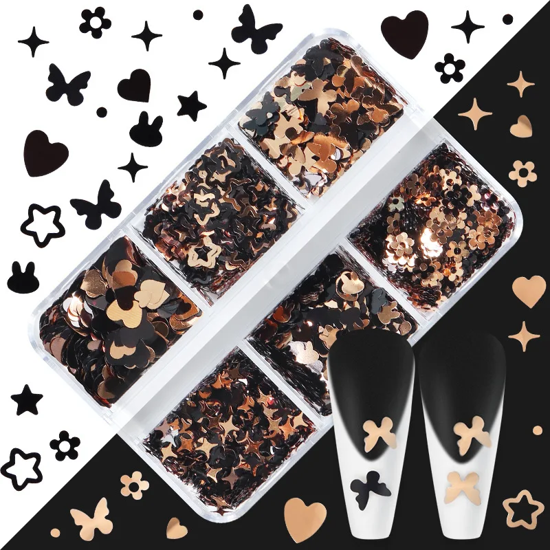

6 Grid Boxed Black Gold Butterfly Rabbit Heart Stars Nail Art Sequins Beauty False Eyelashes Decorative Sequins Fashion Designer