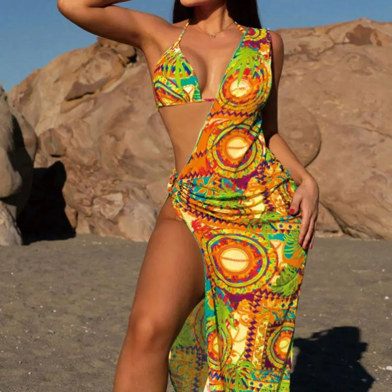 Color Patchwork Women Bikini 3 Piece Set 2023 Summer Beach Bathing Suit with High Slit Long Maxi Dress Holiday Swimming Suit