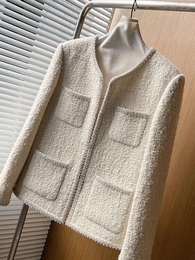 High-End Wool Tweed Beaded White Goose Down Jacket Women's 2023 Winter New Short Baggy Coat Elegant Long Sleeve Down Coats