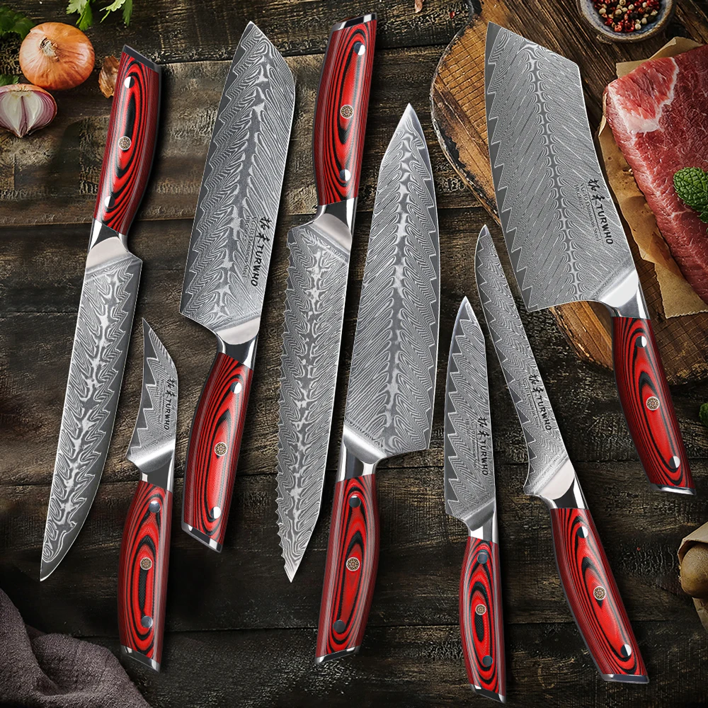 TURWHO 8-PCS Kitchen Knives Set 67 Layer Damascus Steel Chef Knife Japanese Santoku Boning Cleaver Bread Slicing Utility Knife - Image 3