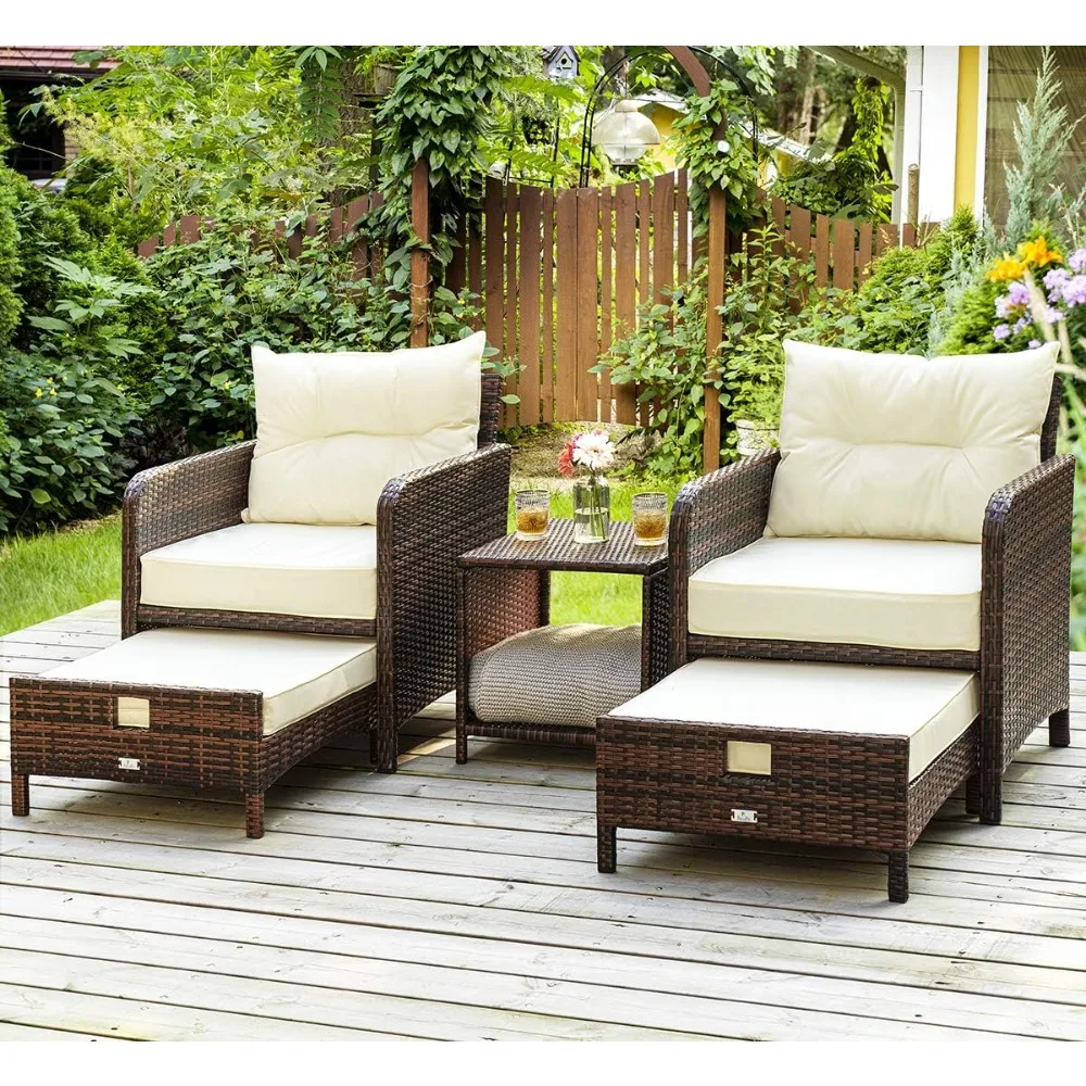 

5 Piece Wicker Patio Furniture Set Outdoor Patio Chairs and Footstool Conversation Furniture Balcony Table Chair Set Garden Sets
