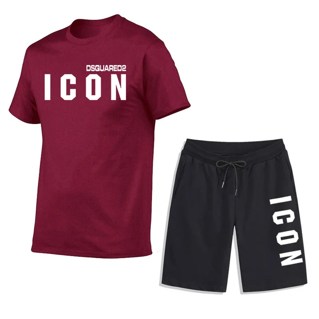 Summer Mens T-shirt + Shorts Suits Casual T Shirts Sport Set Simple Letter Printed Short Sleeve Top Cotton Tracksuits Streetwear Burgundy
