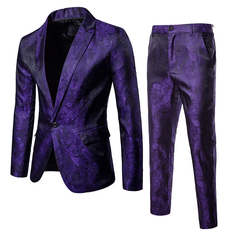 Elegant Jacquard Men's Suit Black Burgundy Wedding Banquet Nightclub Man Jacket High Quality Male Blazer 2 Pieces Set Pant Suits