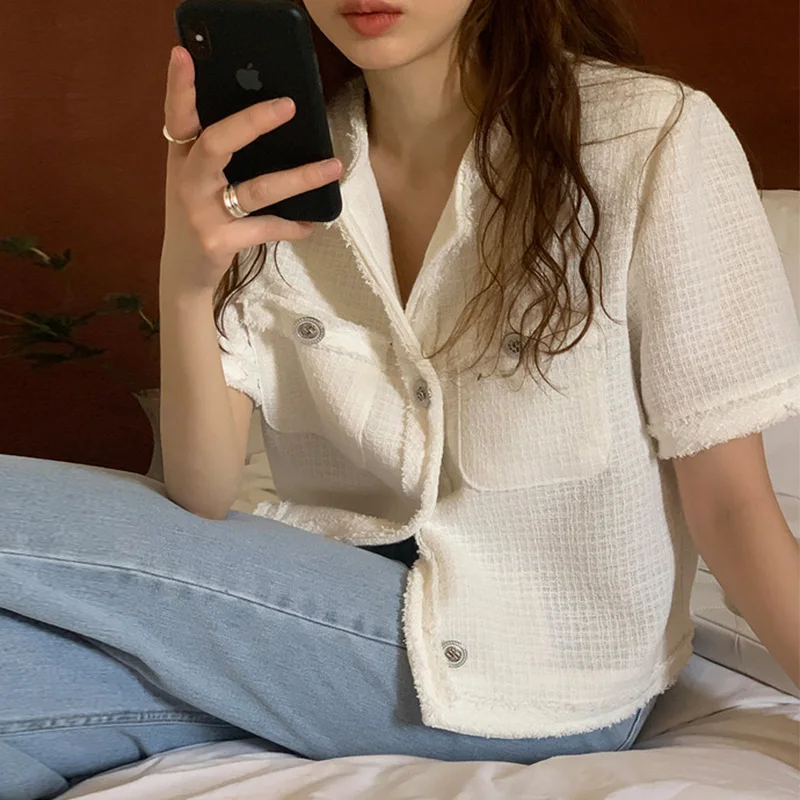 한국 시크한 우아한 라운드 넥 버 장식 싱글 브레스트 느슨한 올 매치 쇼트 슬리브 트위드 쇼트 아우터웨어 