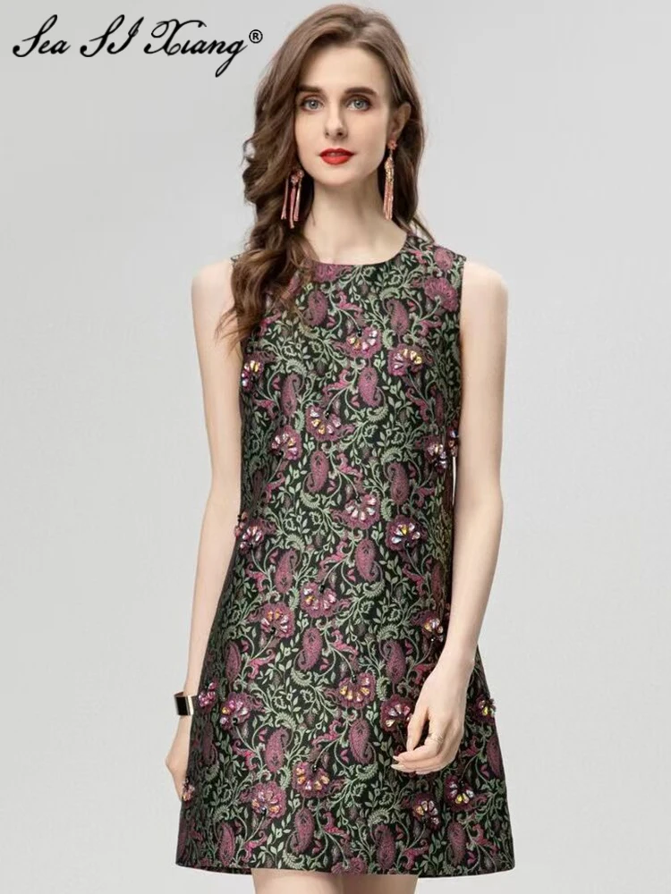 

Женское винтажное жаккардовое мини-платье Seasixiang, летнее дизайнерское платье без рукавов с круглым вырезом и стразами