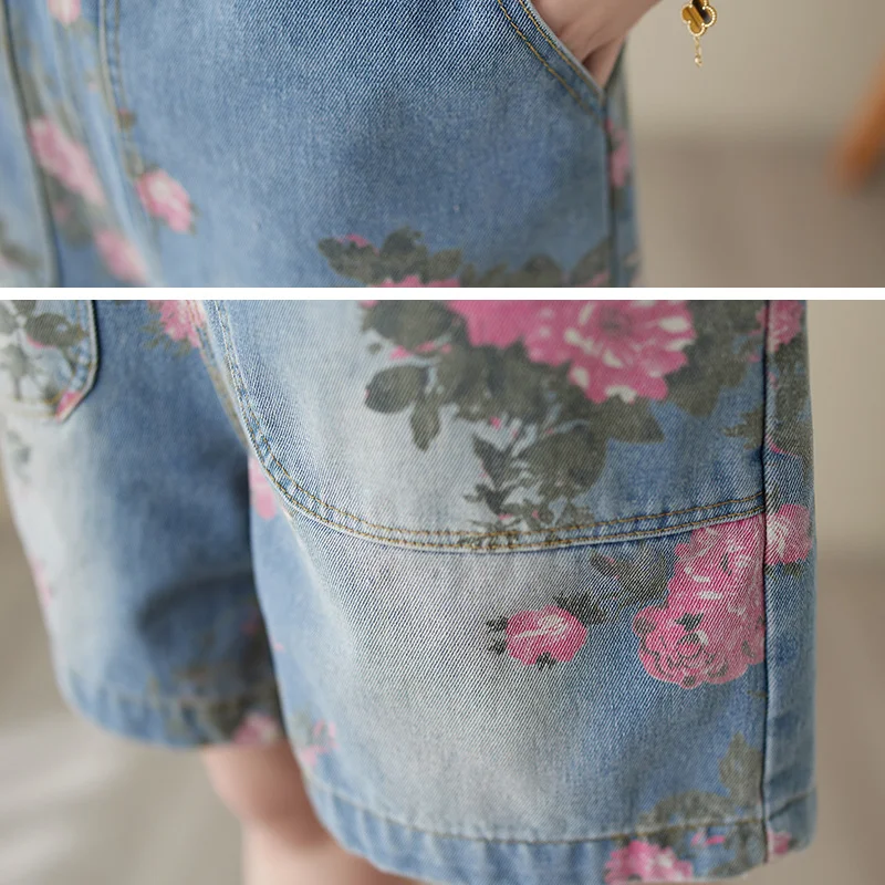 Vintage Floral Printed Denim Palysuit Women Casual Jeans Rompers Loose Strap Sleevelrss Wide Lef Overalls