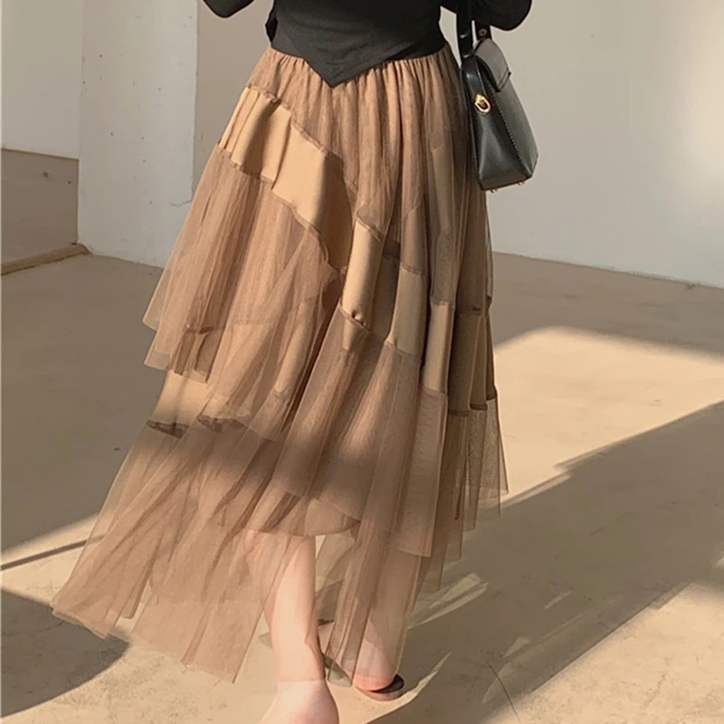 Women High Waist Skirt Casual Solid Sweet Cute Elegant A-Line Mid-Calf Skirt Ladies Harajuku Vintage Irregular Skirts Female blue skirt