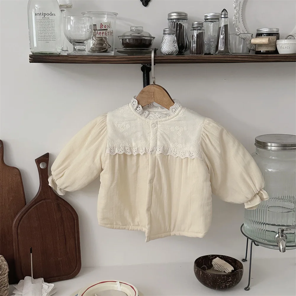 Baby Clothing Embroidery Lace Warm Coat Winter New Girl Baby Princess Style Sweet Cute All Match Cotton Padded Jacket