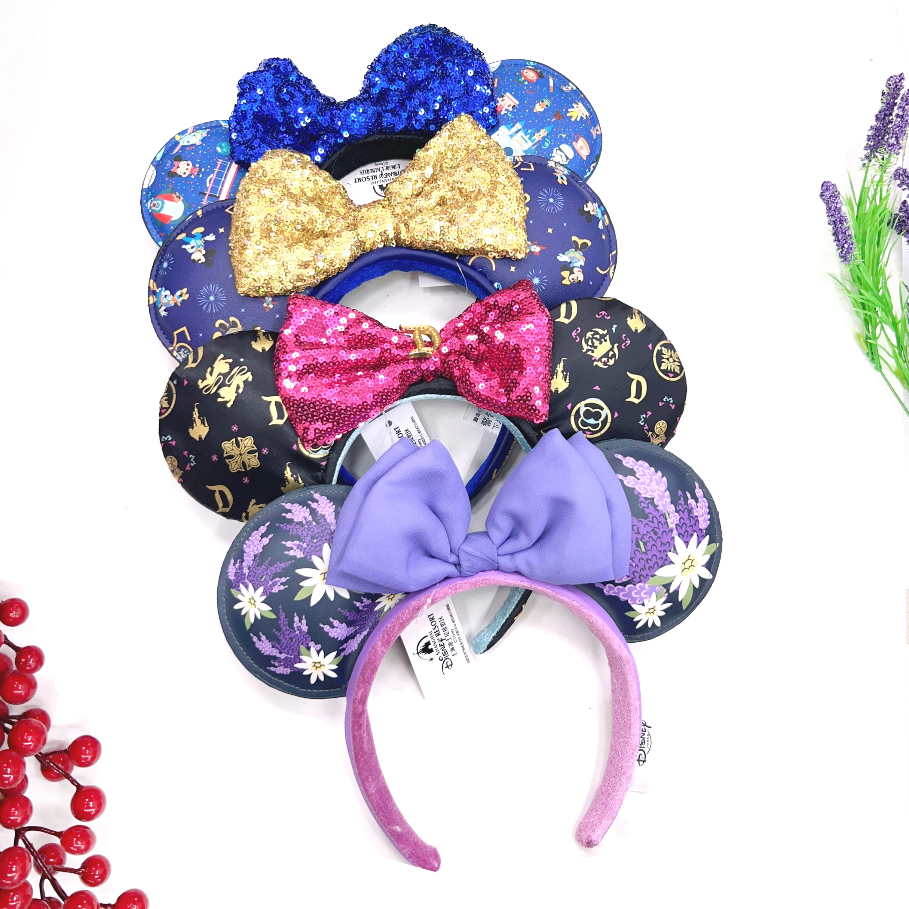 

2024 New Disney Mickey Ears Headband Shanghai Disneyland Minnie Leather Headband Hairband Sequin Bow Party Hair Accessories