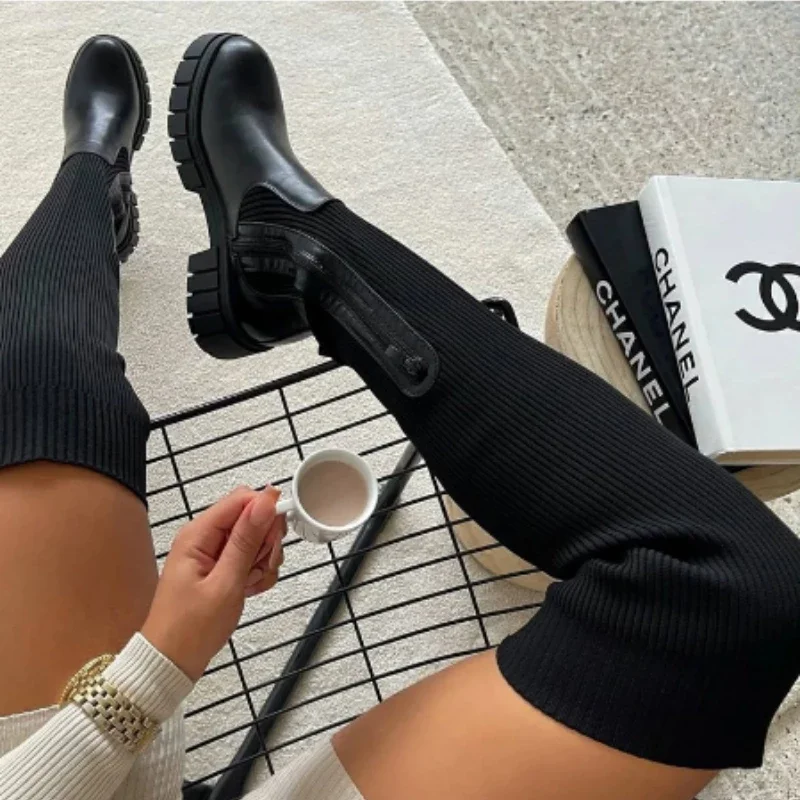 Women Over Knee Boots Thick Heel Slim Fit Winter Velvet Stretch Boots Ladies Autumn Winter Platform Botas Mujer Goth